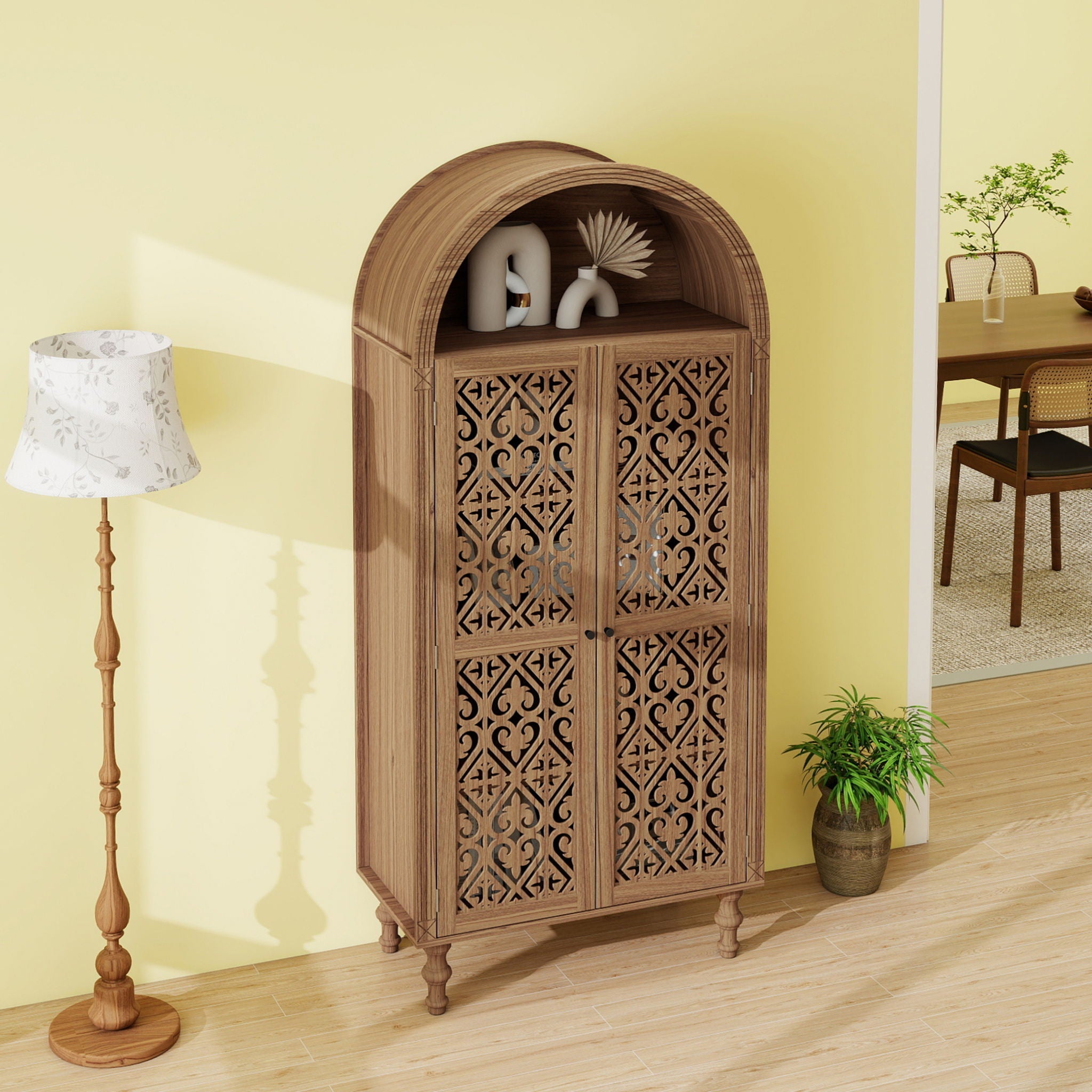 Tall Kitchen Pantry Cabinet With Hollow Carved Doors Adjustable Shelves Versatile Storage Cabinet For Kitchen - Walnut by HouseOfZazla