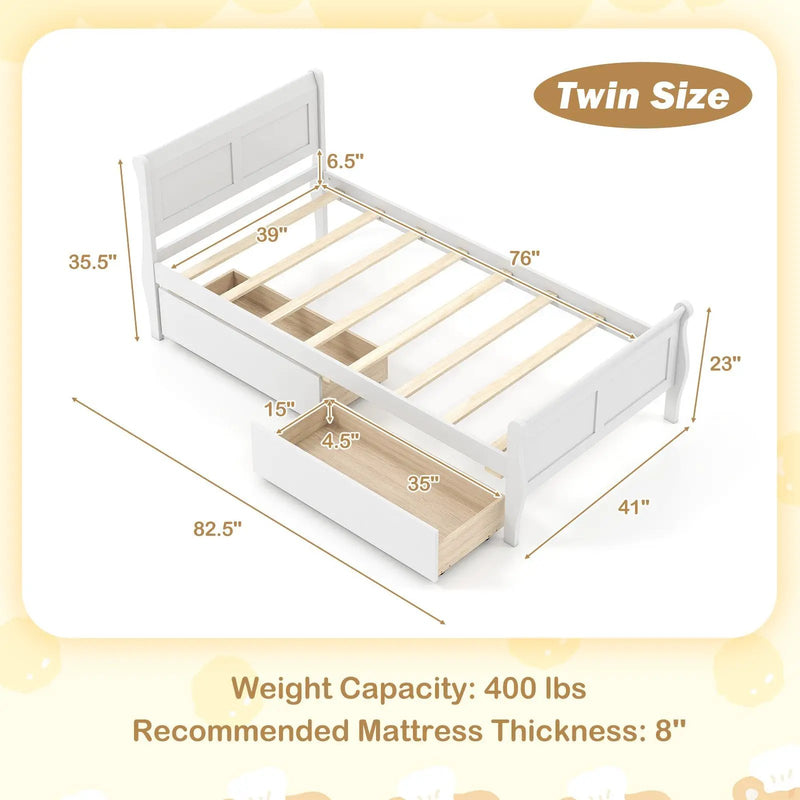 Twin Size Sleigh Bed with 2 Storage Drawers Wood Platform Bed Frame by DirectDeals