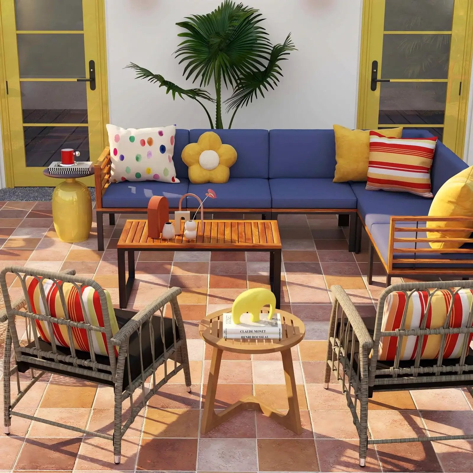 Patio Furniture Set: Patio Dining Set+Teak Wood Side Table+3 Pieces Patio Rattan Bistro Set by DirectDeals
