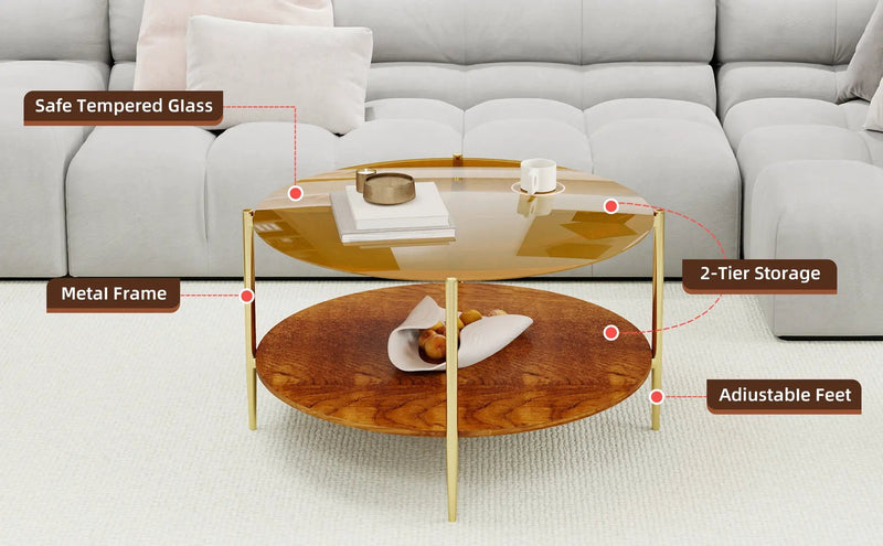 Luxurious Round Coffee Table with Gold-Tinted Tempered Glass Top by HouseOfZazla