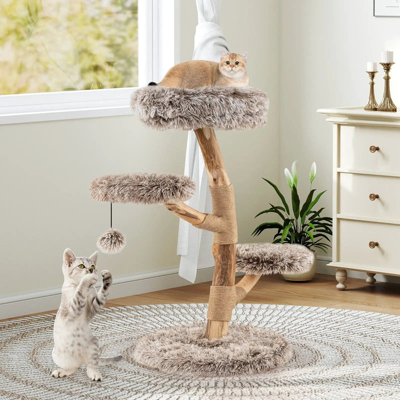 Cat Tree Solid Pear Wood with Perch and Natural Jute Scratching Posts-Brown by DirectDeals