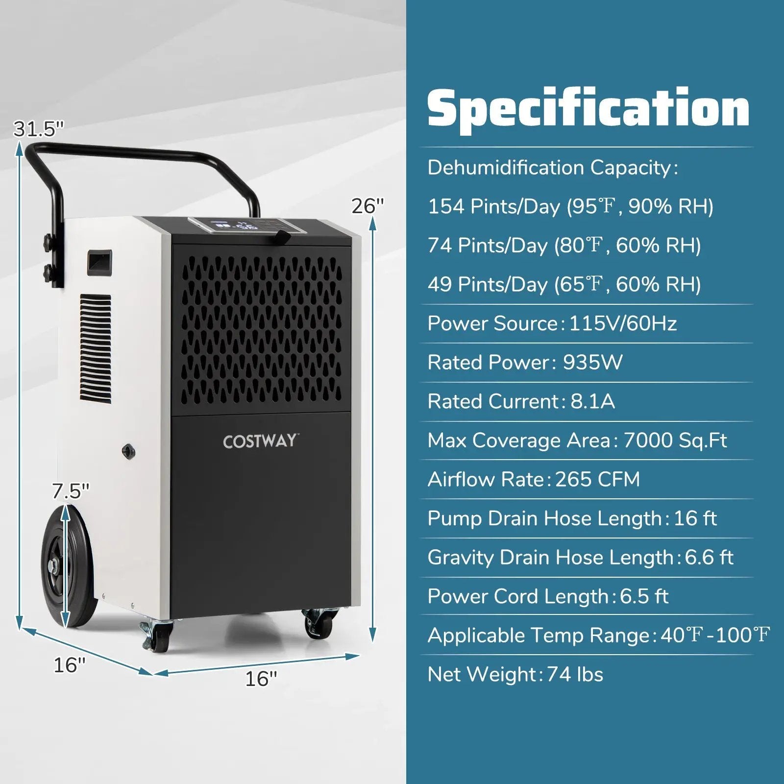 154 Pints Commercial Dehumidifier with Pump and Drain Hoses by DirectDeals
