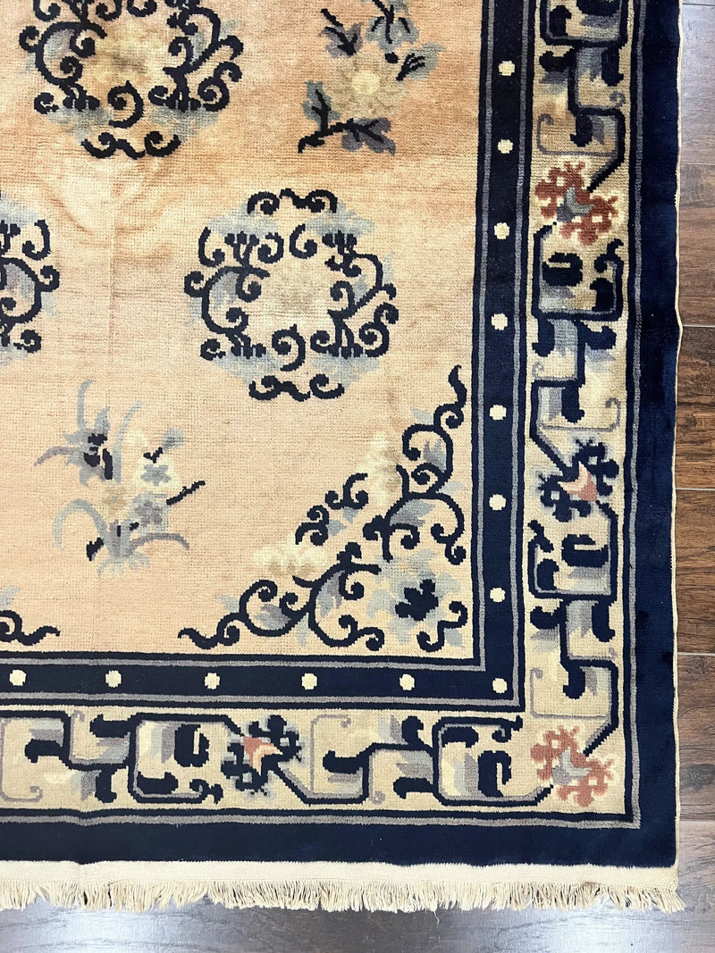 Chinese Peking Rug 4x6, Wool Hand Knotted Handmade Vintage Semi Antique Carpet, Semi Open Field, Light Peach & Navy Blue, Art Deco Rug by Jewel Rugs