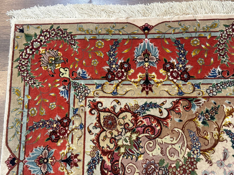 Wonderful Persian Tabriz Rug 5x7, Very Fine 440 KPSI, Ivory and Coral, Rare by Jewel Rugs
