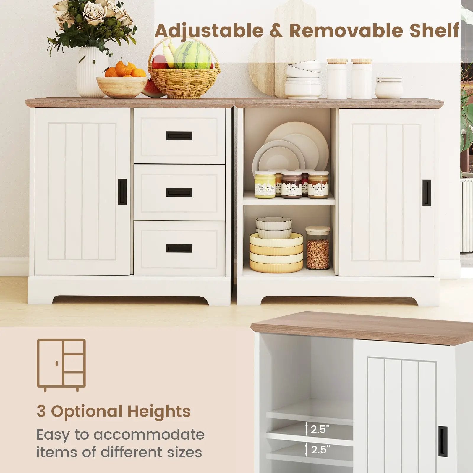 Farmhouse Sideboard Buffet Cabinet Kitchen Pantry with Sliding Doors-White by DirectDeals