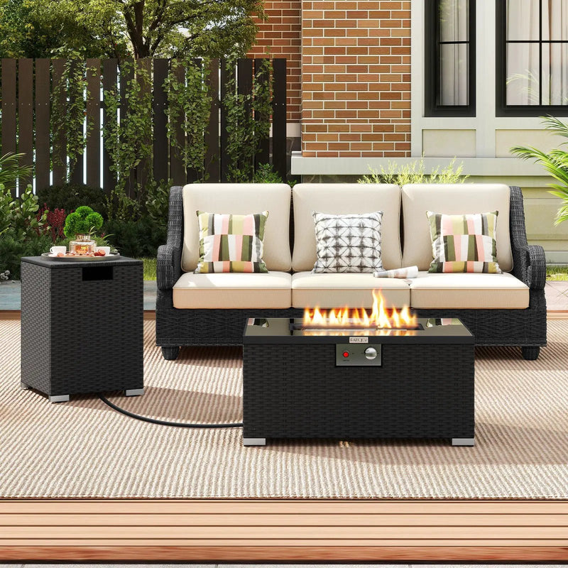 2-Piece Outdoor Rattan Fire Table Set 32 Inch Rectangle Gas Firepit with Tank Cover by DirectDeals