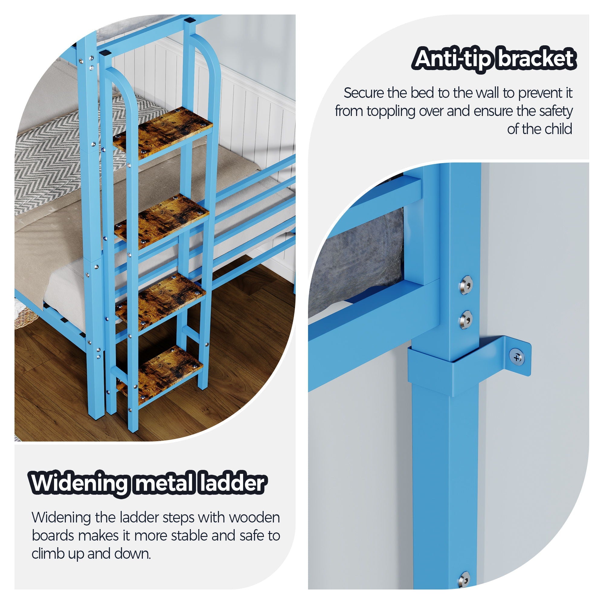Bunk Bed, Convertible To 2 Separate Twin Size Beds With Full Length Guardrail & Ladder, No Box Spring Needed - Blue by HouseOfZazla