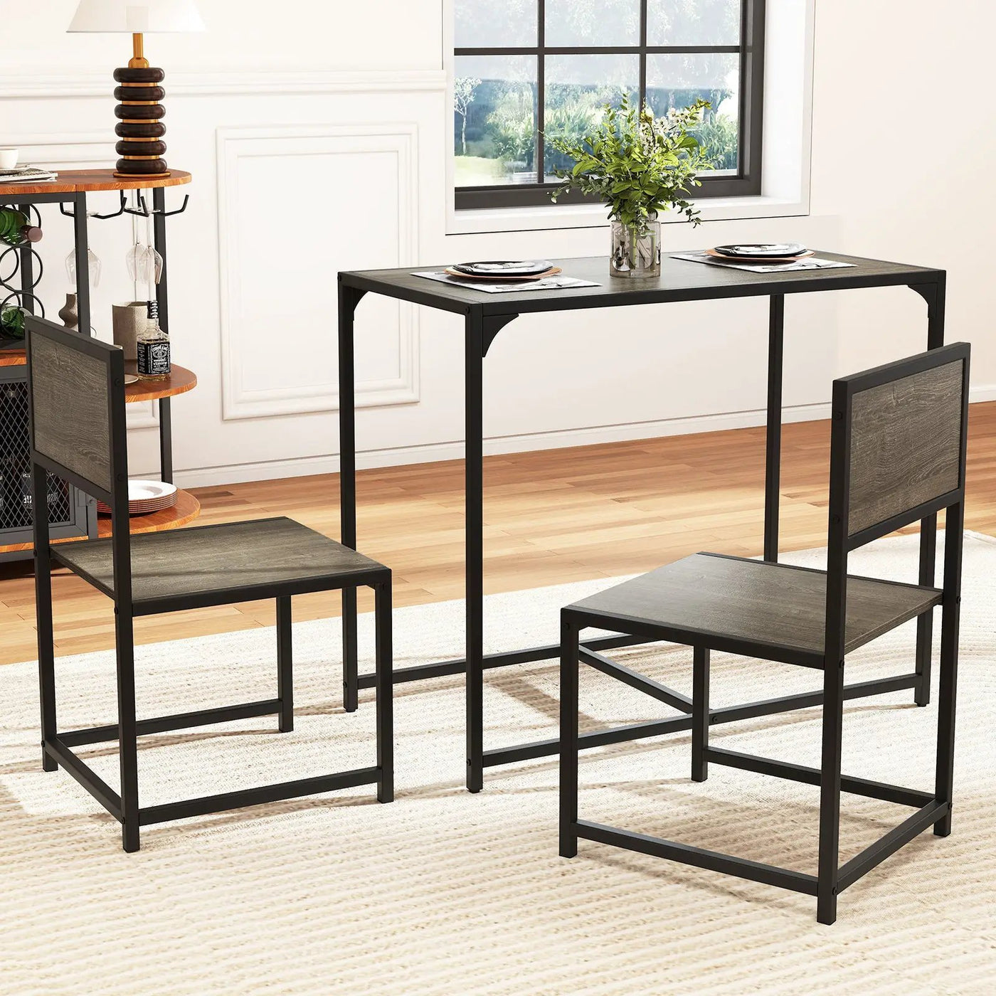 3 Pcs Dining Set Compact Table and 2 Chair with Metal Frame for for Small Space by DirectDeals