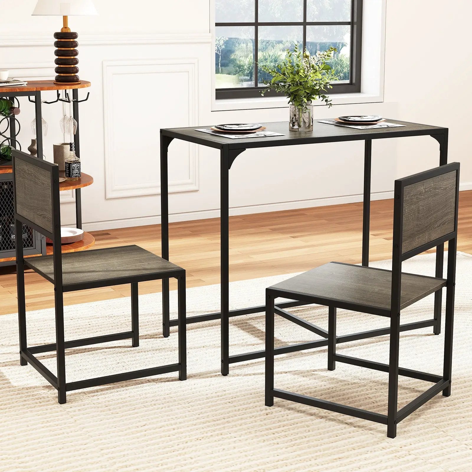 3 Pcs Dining Set Compact Table and 2 Chair with Metal Frame for for Small Space by DirectDeals