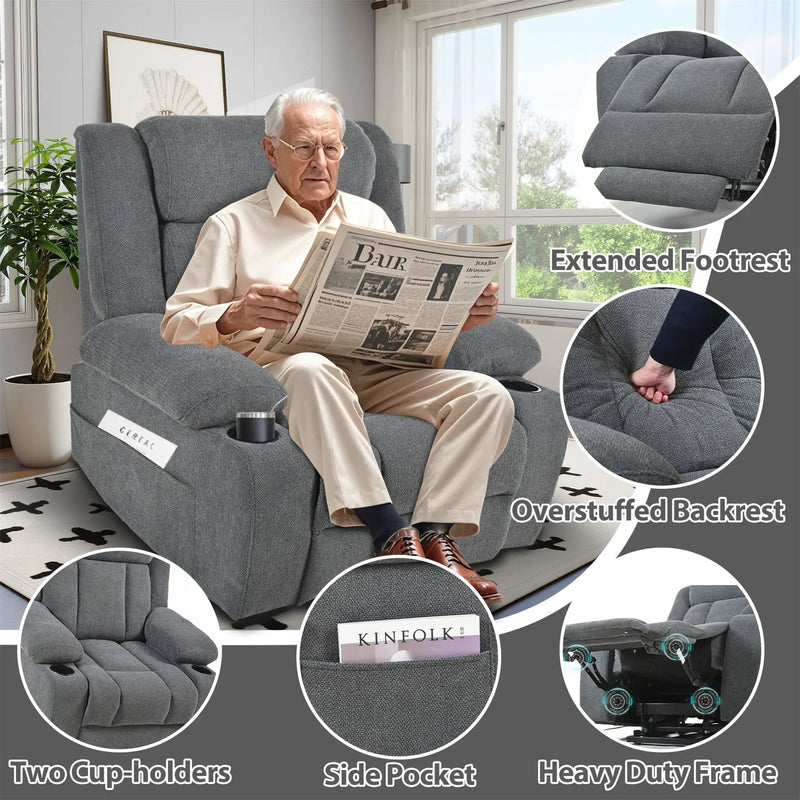 Power Lift Recliner Chair With Extended Footrest, Remote Control, Cup Holders, And Side Pockets by HouseOfZazla