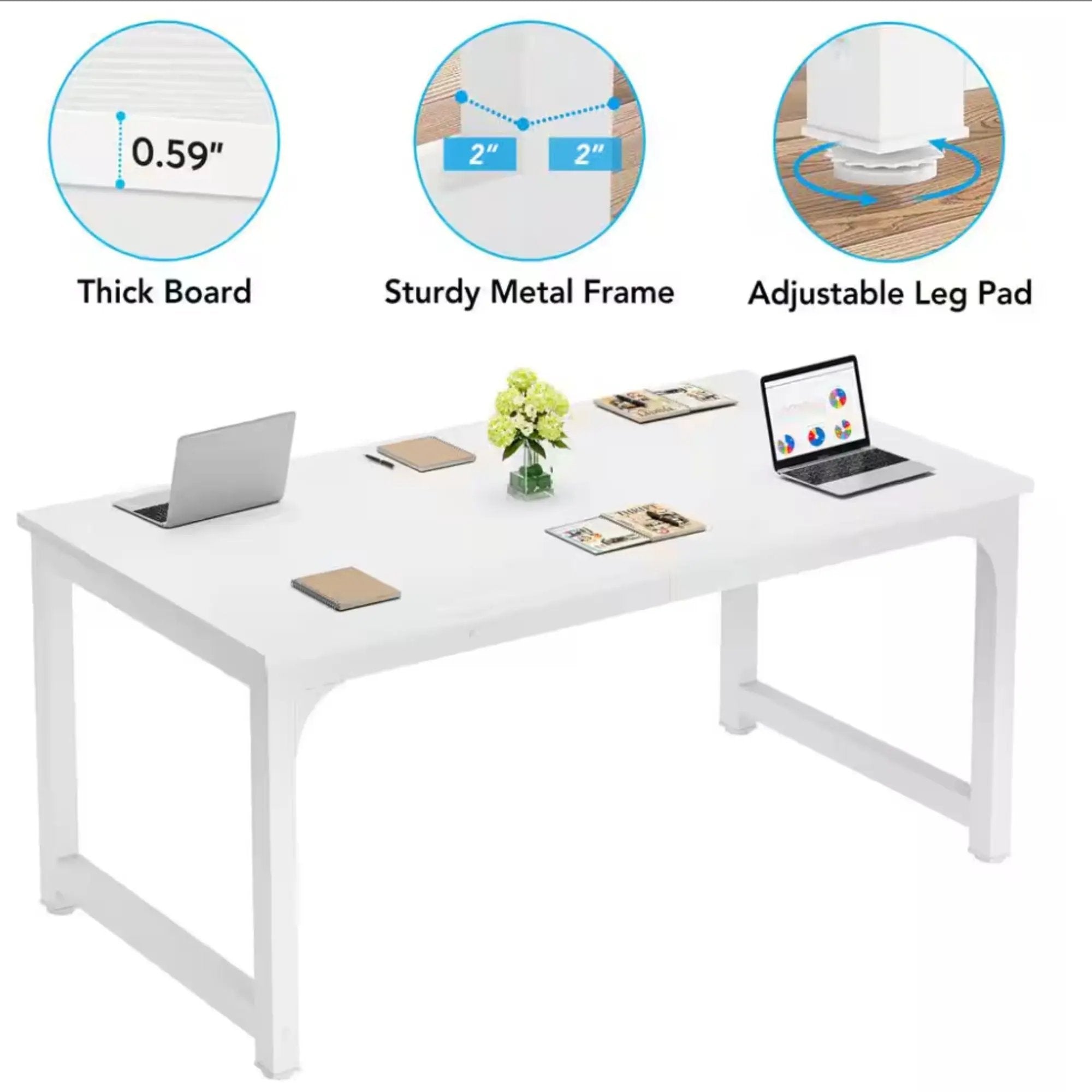 Executive Desk, Large Office Computer Workstation With Thick Frame - White
