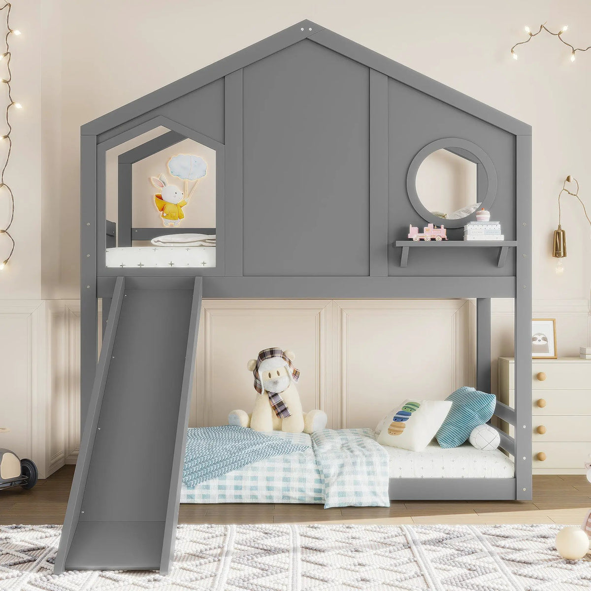 Twin House Bunk Bed with Slide and Storage Shelves by HouseOfZazla