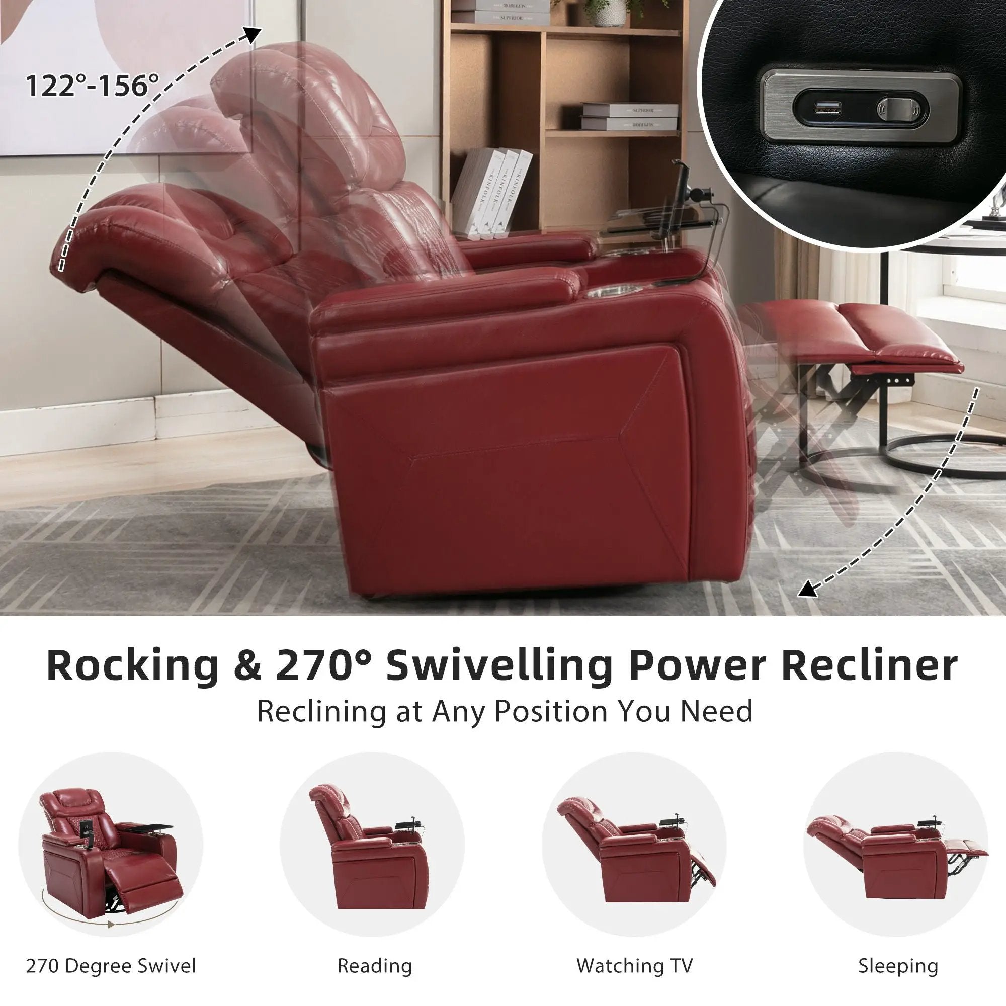 270 Degree Swivel Power Recliner With Tray Table, Phone Holder, Cup Holder, USB Port by HouseOfZazla