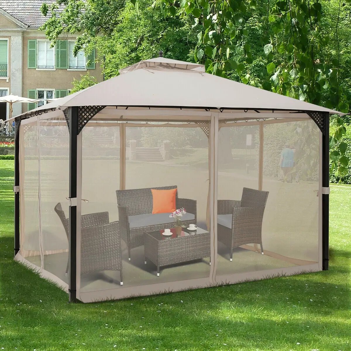 12 x 10 Feet Outdoor Double Top Patio Gazebo with Netting-Brown by DirectDeals