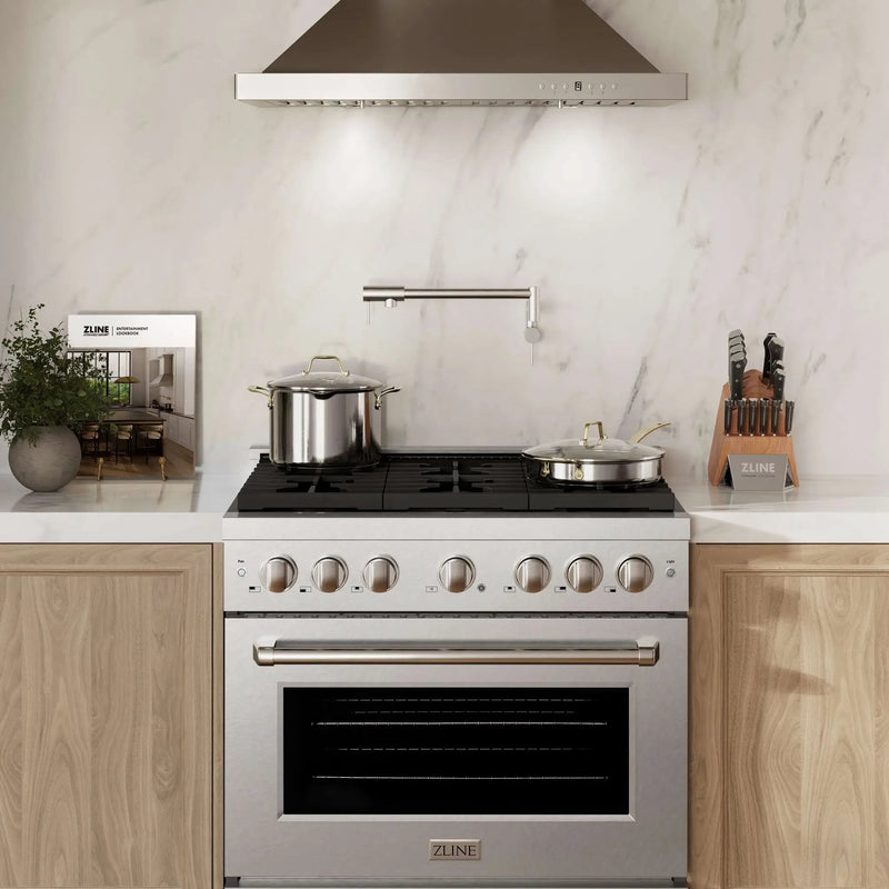 ZLINE 36"Paramount Dual Fuel Range DuraSnow® Brass Burners SDRS-BR-36 by Farmhouse Kitchen and Bath