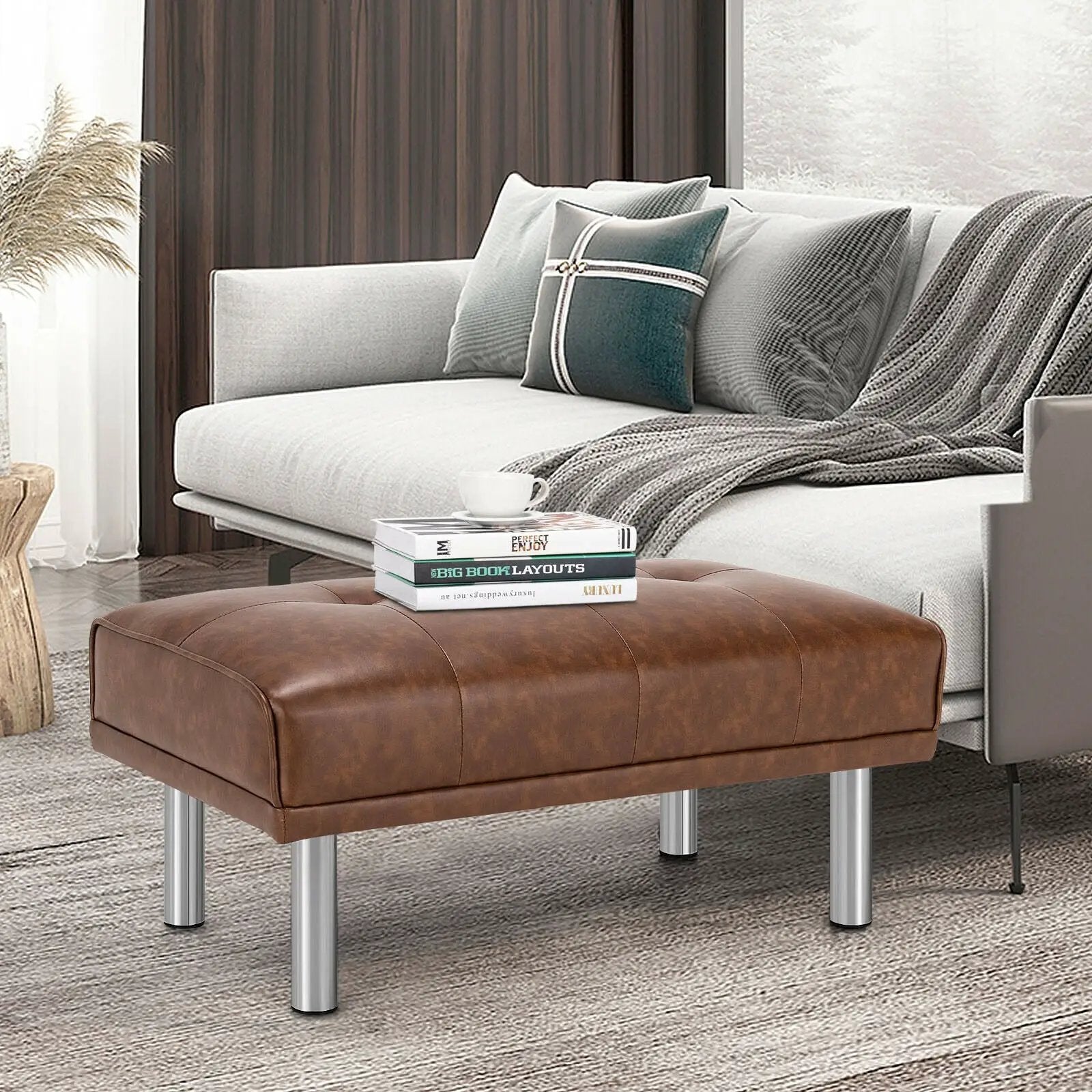 Rectangle Tufted Ottoman with Stainless Steel Legs for Living Room by DirectDeals