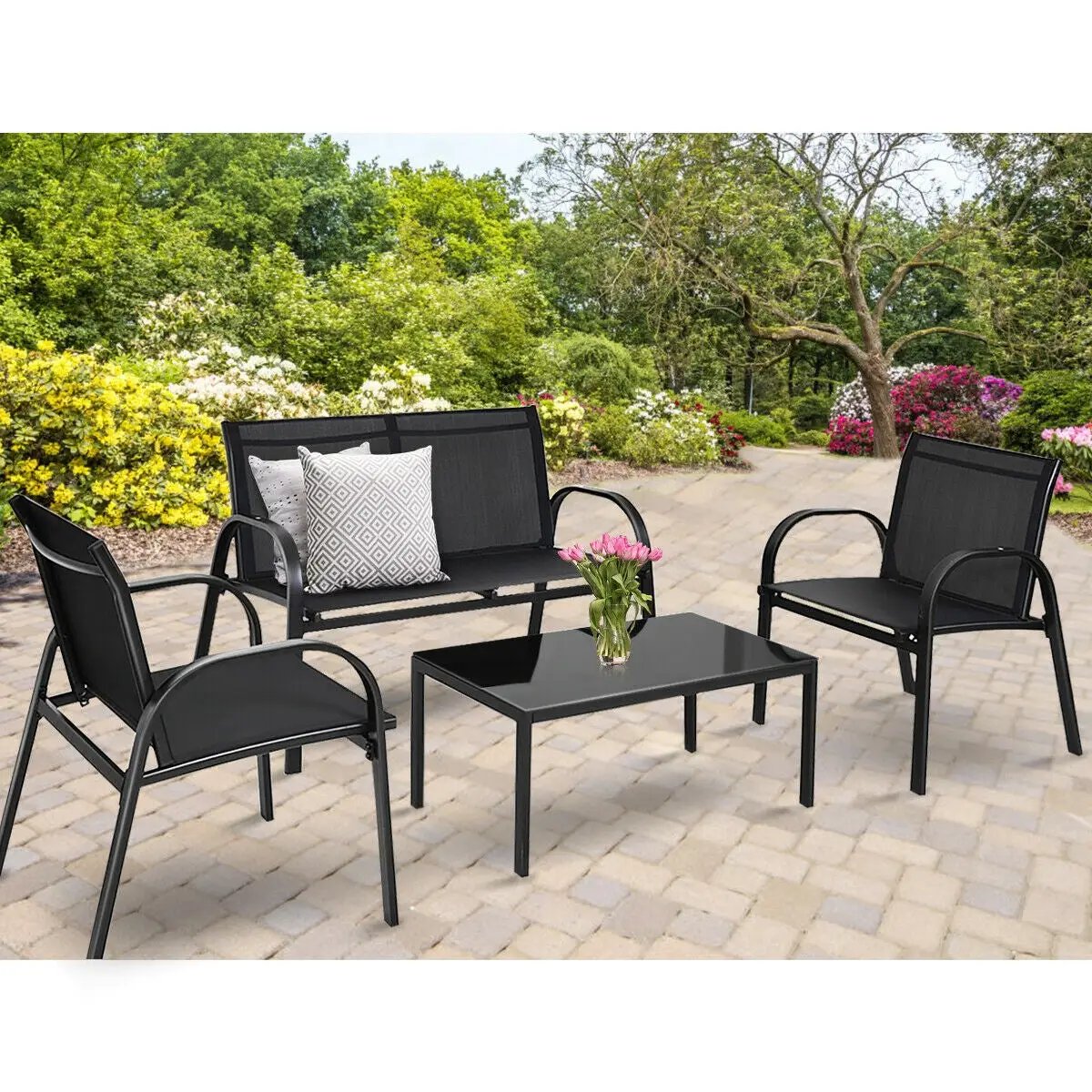 4 Pieces Patio Furniture Set with Glass Top Coffee Table by DirectDeals