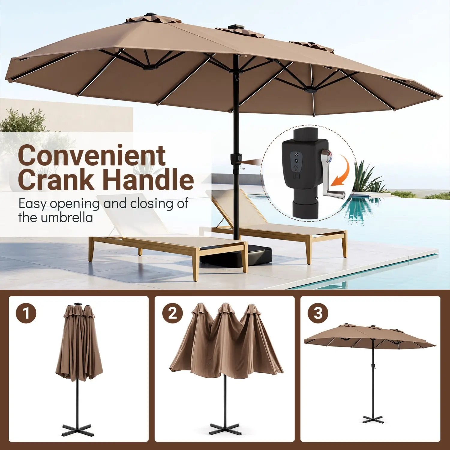 15.5 ft Patio Umbrella with Solar LED Lights & Crank by DirectDeals