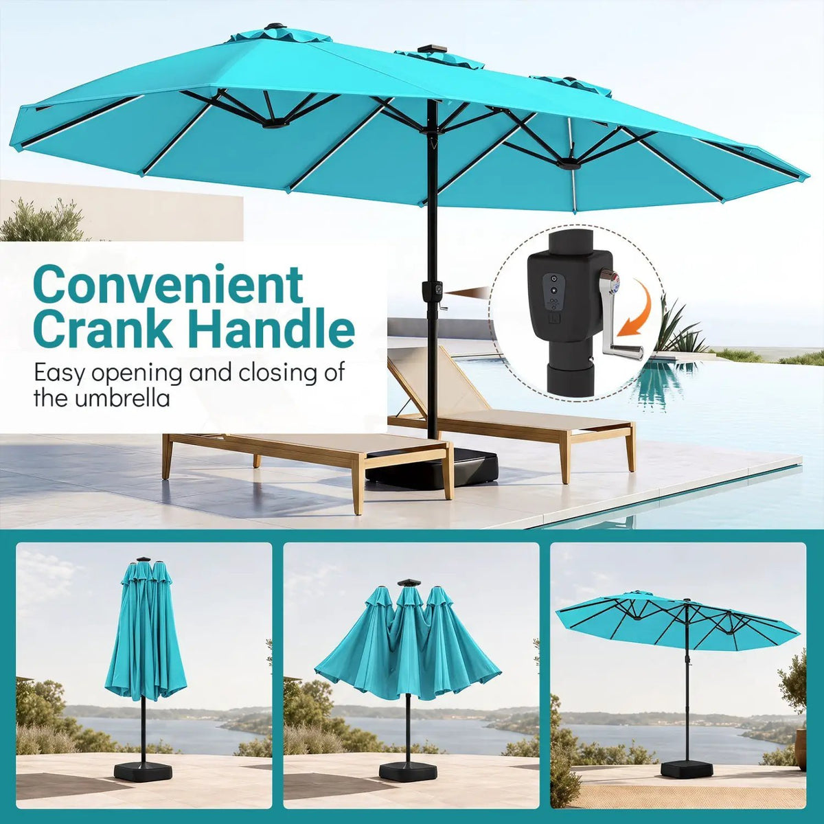 15.5 ft Patio Umbrella with Solar LED Lights & Crank by DirectDeals