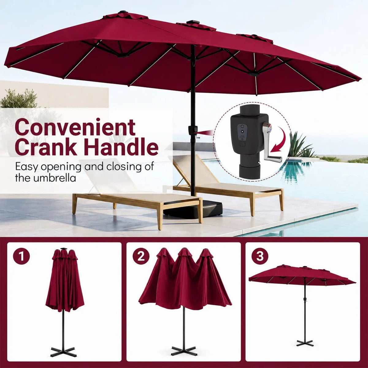15.5 ft Patio Umbrella with Solar LED Lights & Crank by DirectDeals