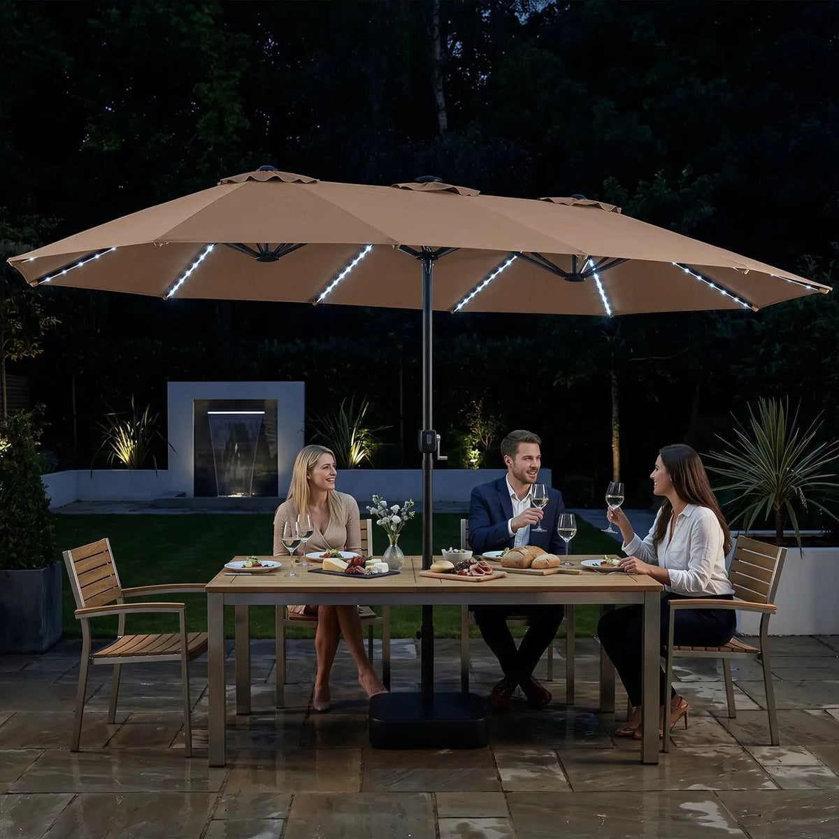 15.5 ft Patio Umbrella with Solar LED Lights and Base by DirectDeals
