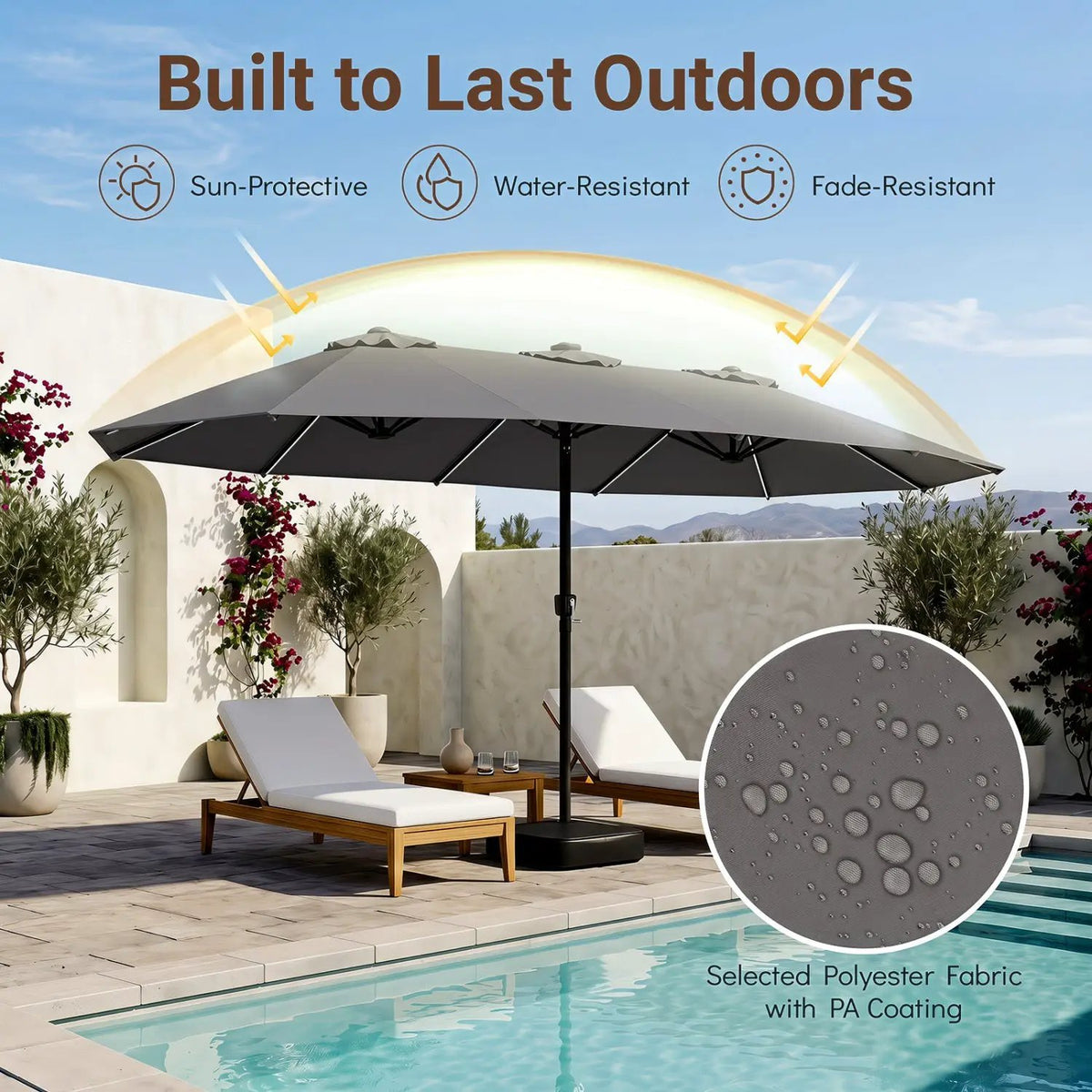 15.5 ft Patio Umbrella with Solar LED Lights and Base by DirectDeals