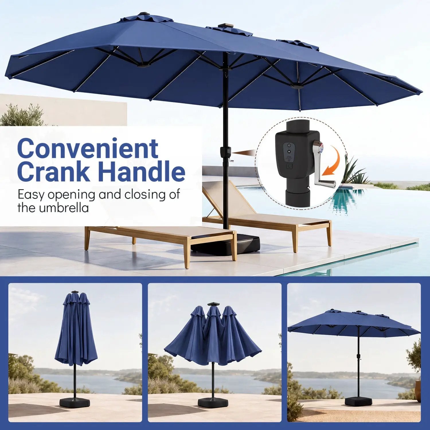 15.5 ft Patio Umbrella with Solar LED Lights and Base by DirectDeals