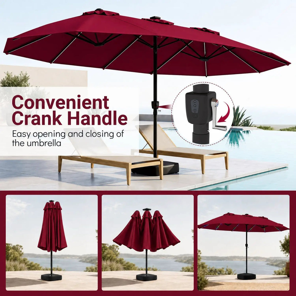 15.5 ft Patio Umbrella with Solar LED Lights and Base by DirectDeals
