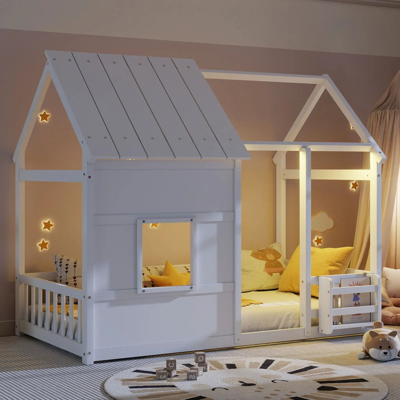 House Floor Bed With 7 Color LED Light, Built In Bookshelf by HouseOfZazla