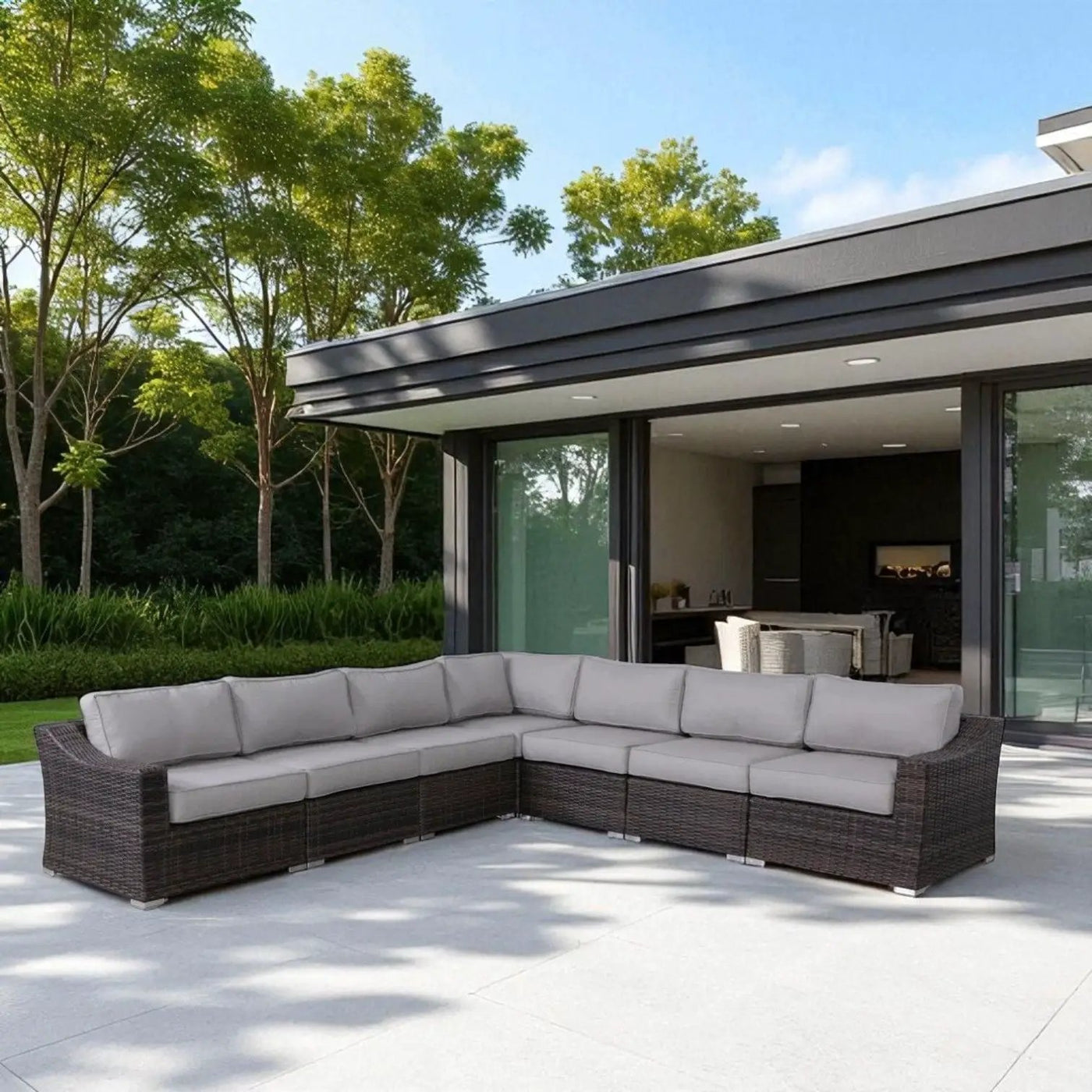 Contemporary Outdoor Rattan Wicker Sectional Seating Group With Cushions by Unique Piece Furniture