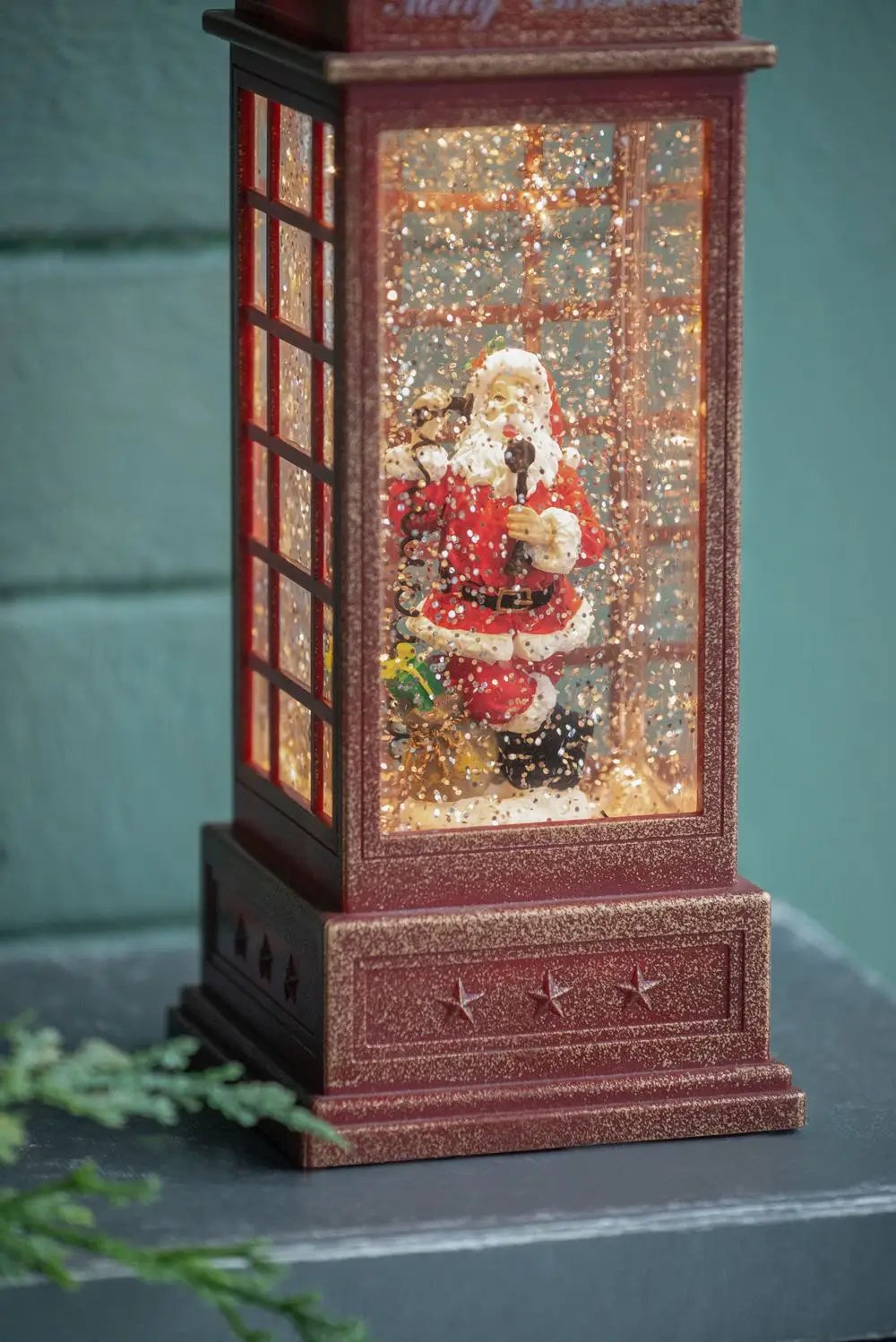 Christmas Lighted Water Spinning Phone Booth With Santa On Phone, 3*AA Batteries Required - White / Red by HouseOfZazla
