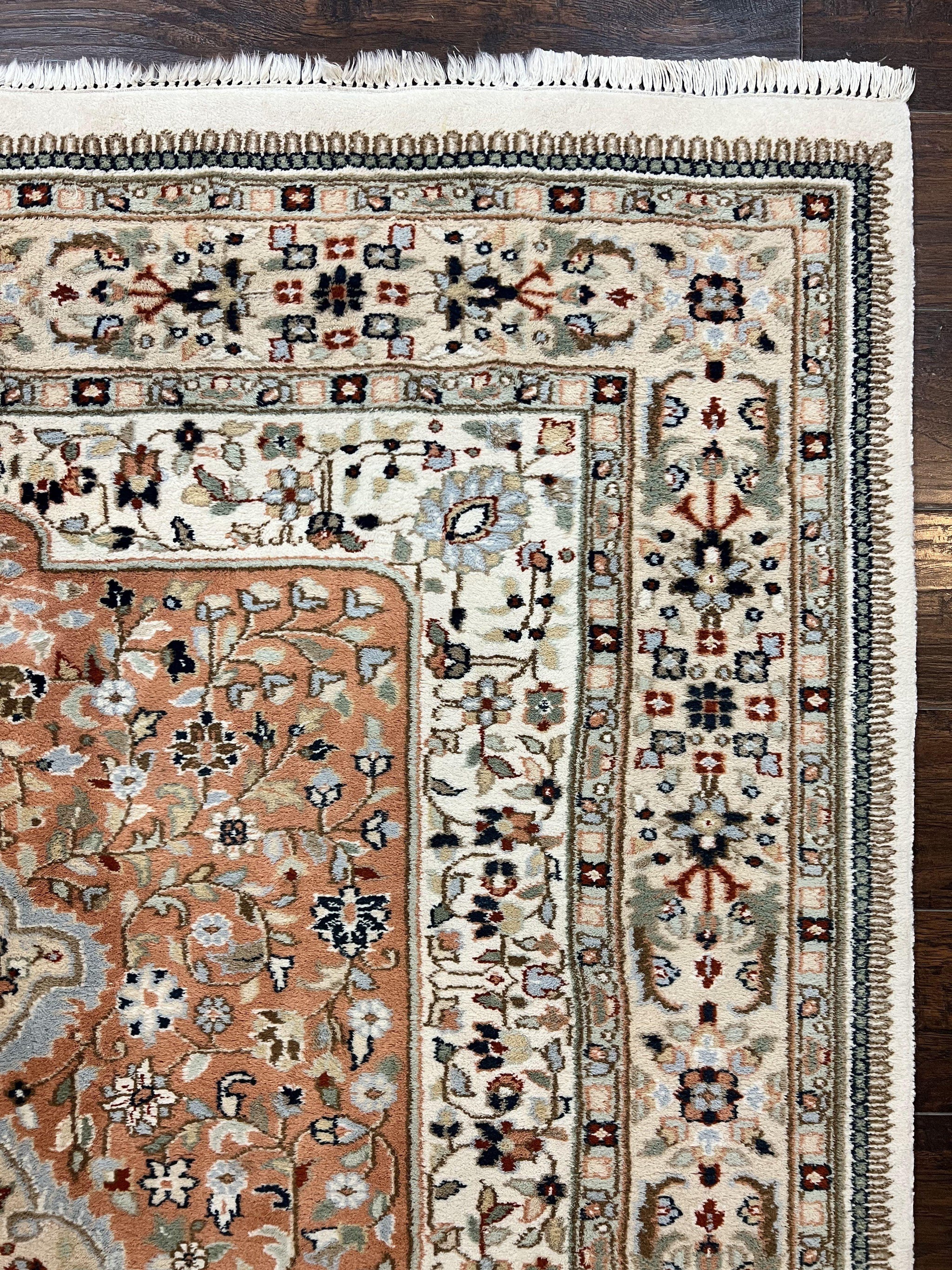 Indo Persian Rug 6x9, Wool Hand Knotted Vintage Carpet, Salmon & Ivory, Traditional Oriental Rug 6 x 9 by Jewel Rugs