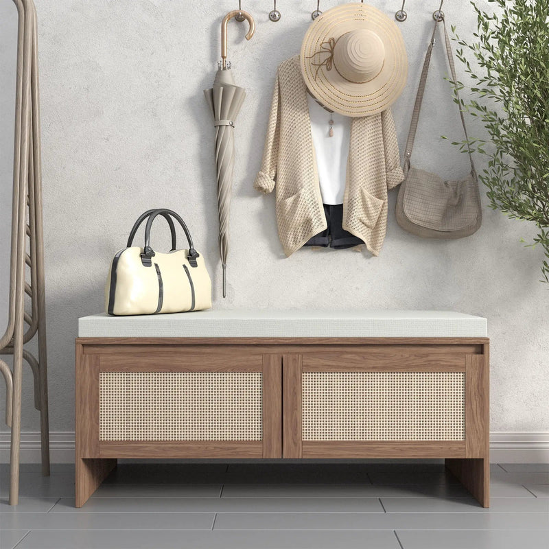 Storage Bench With Cushion, Shoe Cabinet With 2 Doors - Antique Natural / Rattan by HouseOfZazla