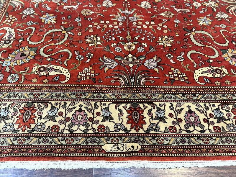 Romanian Rug 10x13, Vintage Handmade Wool Carpet, Floral Pattern, Birds, Red and Cream, Signed By Masterweaver, Persian Rug by Jewel Rugs