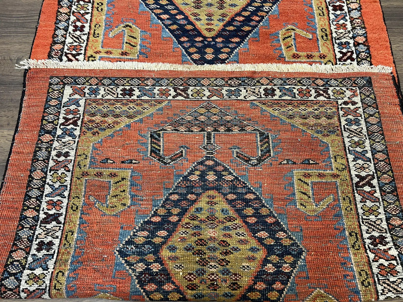 Rare Persian Tribal Runner Rug 3 x 11, Sarab Serab Persian Runner, Antique 1920s Collectible Geometric Medallions Oriental Wool Runner, Hand Knotted, Bright Orange-Red by Jewel Rugs