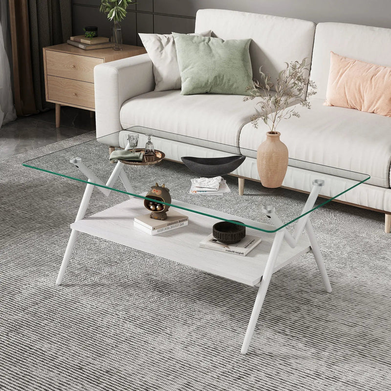 Rectangle Coffee Table With Tempered Glass Top And Shelf by HouseOfZazla