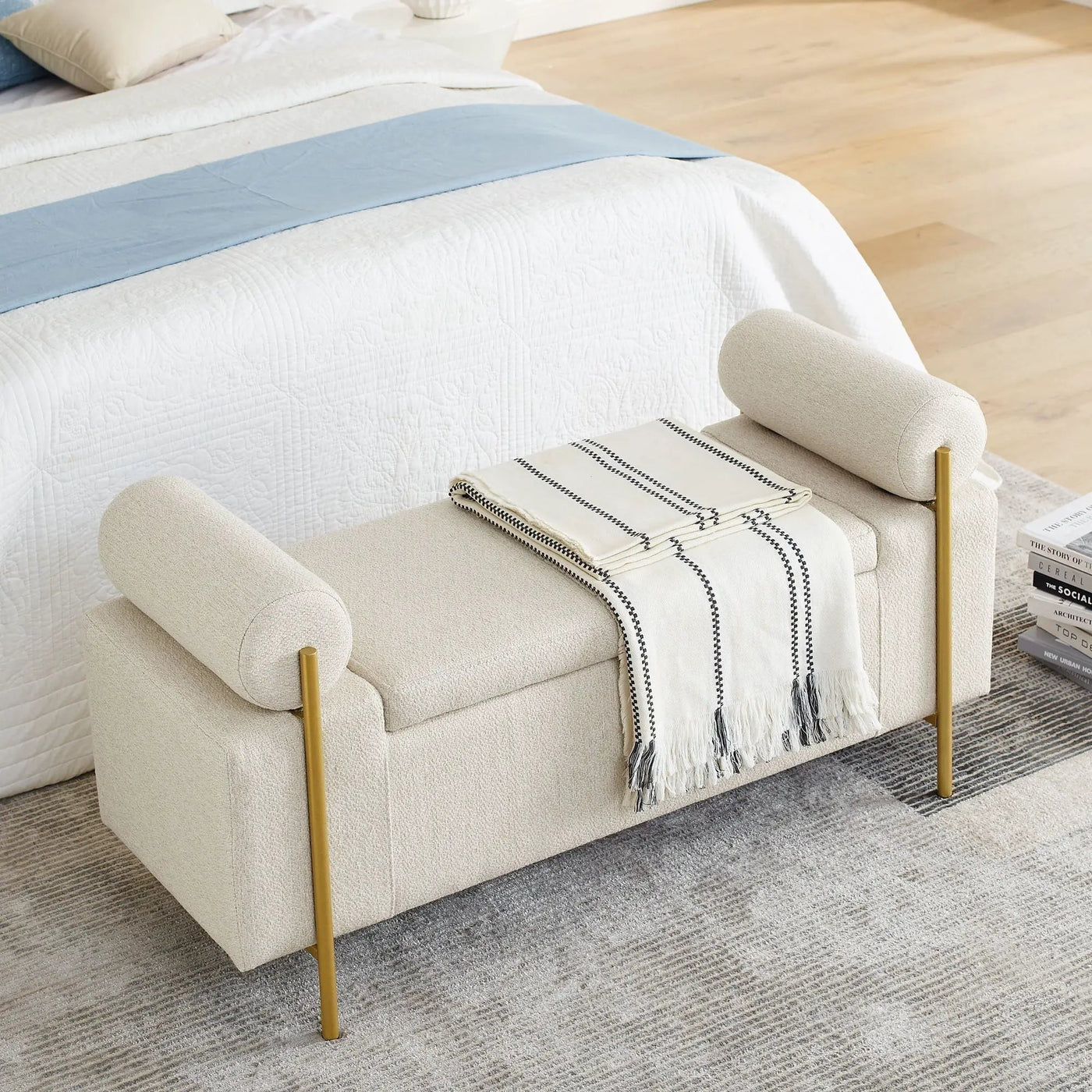 Elegant Upholstered Storage Bench With Cylindrical Arms And Iron Legs, by Unique Piece Furniture