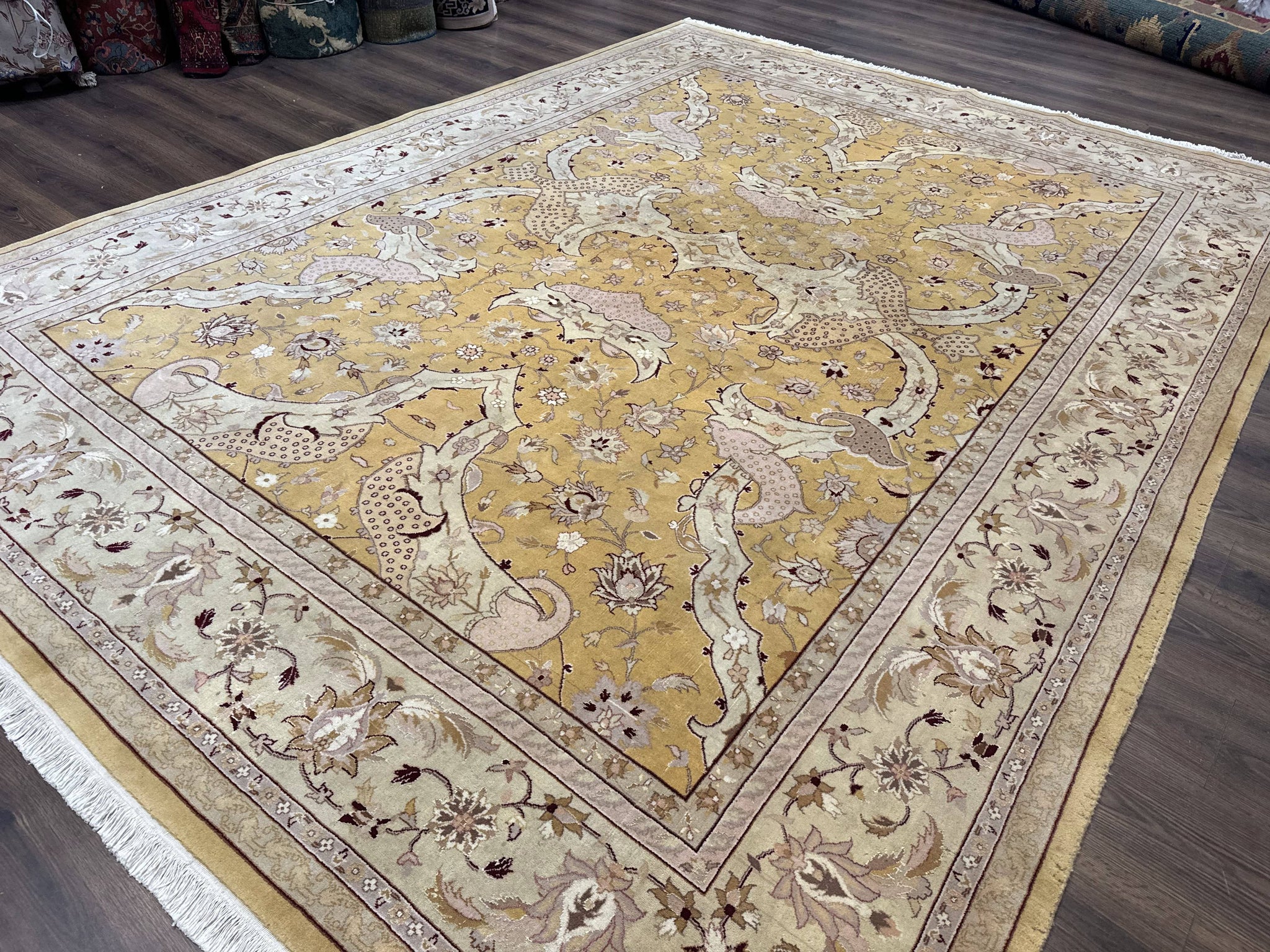 Sino Persian Rug 8x11, Wool with Silk Highlights, Unique Colors, Gold and Light Green, Fine 240 KPSI by Jewel Rugs