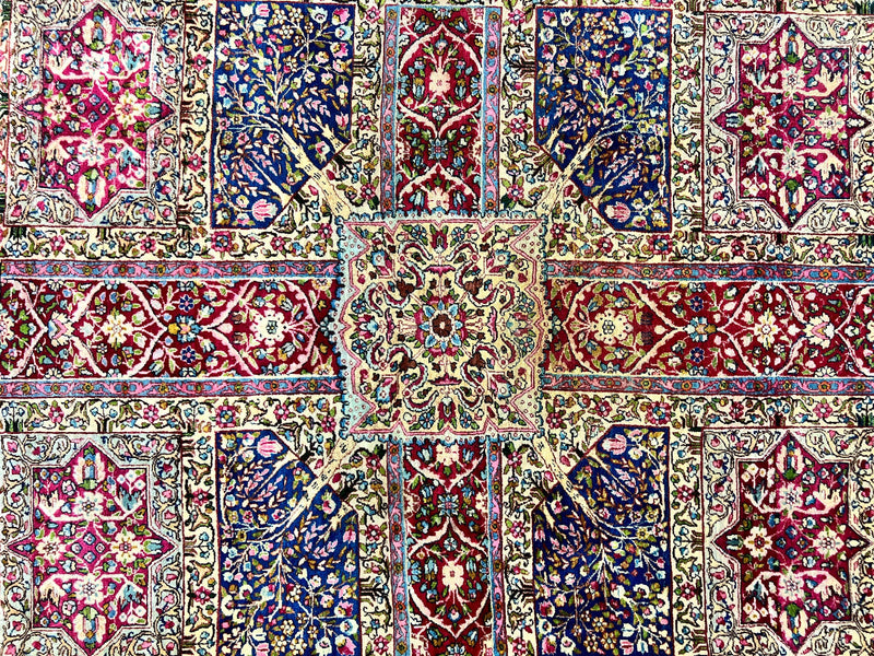 Persian Kirman Lavar Rug 8x9, Antique Persian Carpet, Colorful Multicolor 1920s Handmade Wool Rug, Garden Panel Design, Fine 200 KPSI by Jewel Rugs