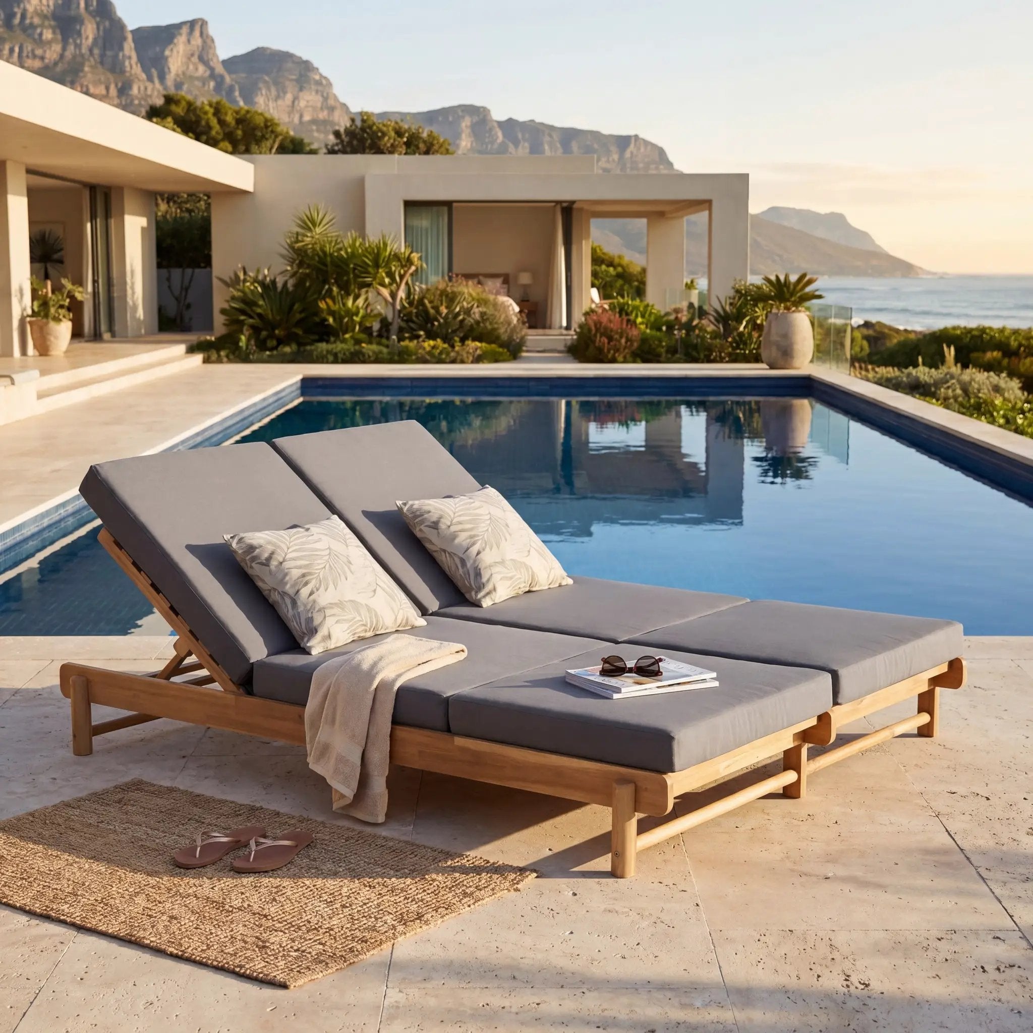 Light Teak Acacia Wood Double Chaise Lounger Set by HouseOfZazla