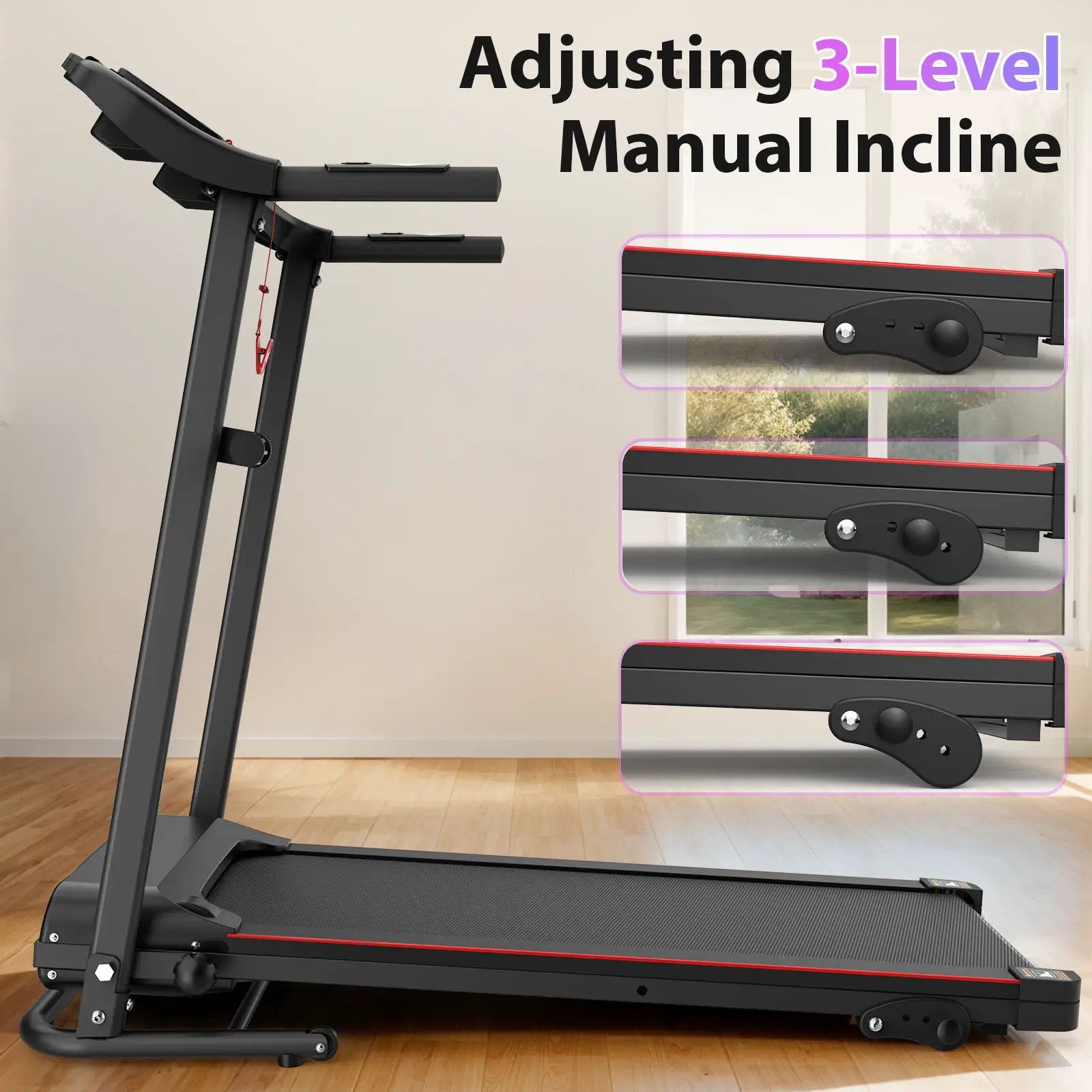 Foldable Electric Treadmill With 2.5Hp Motor, 12Km / H Speed, 3 Incline Levelstooth Music, Heart Rate Sensor, Spacious Running Belt For Indoor - Black by HouseOfZazla