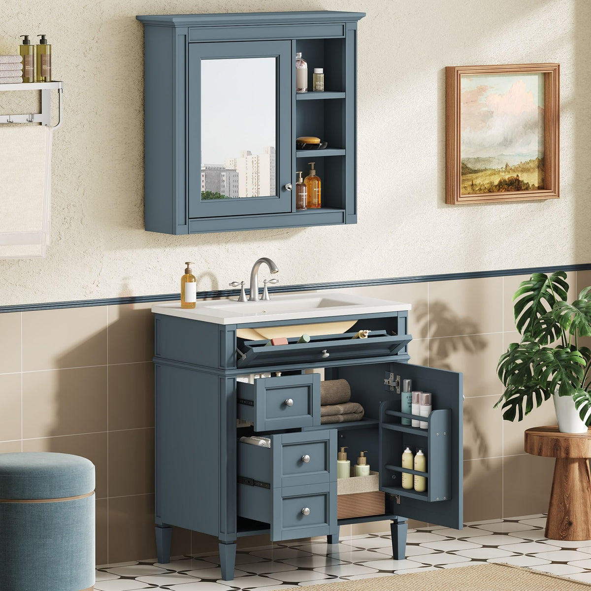 Bathroom Vanity With Medicine Cabinet, Royal Mirror Cabinet, Modern Bathroom Storage Cabinet With 2 Soft Closing Doors And 4 Drawers, photo 13 of 40