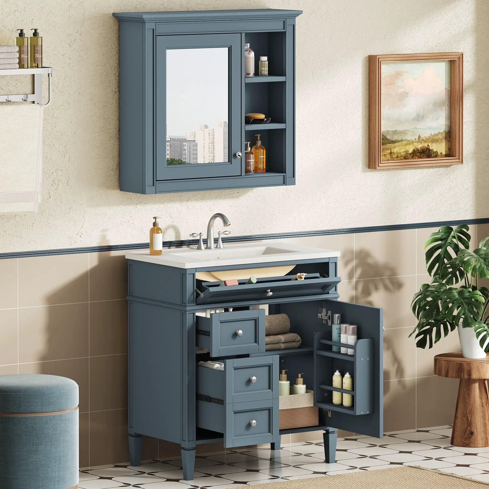 Bathroom Vanity With Medicine Cabinet, Royal Mirror Cabinet, Modern Bathroom Storage Cabinet With 2 Soft Closing Doors And 4 Drawers by Unique Piece Furniture