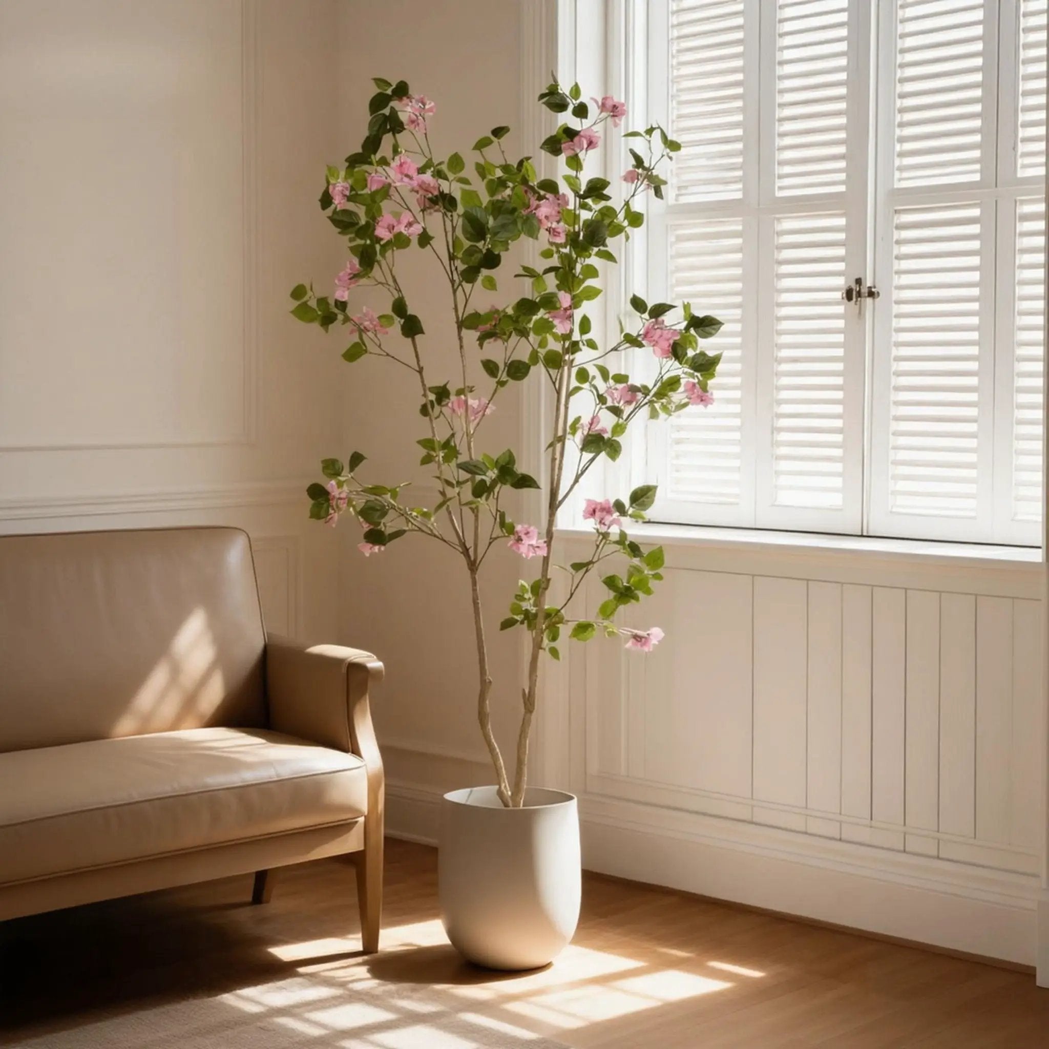 Artificial Bougainvillea Tree With Pot, Realistic Faux Flowering Plant Leaves And Blooms, Decor For Home Office - Green Leaves / Pink by HouseOfZazla