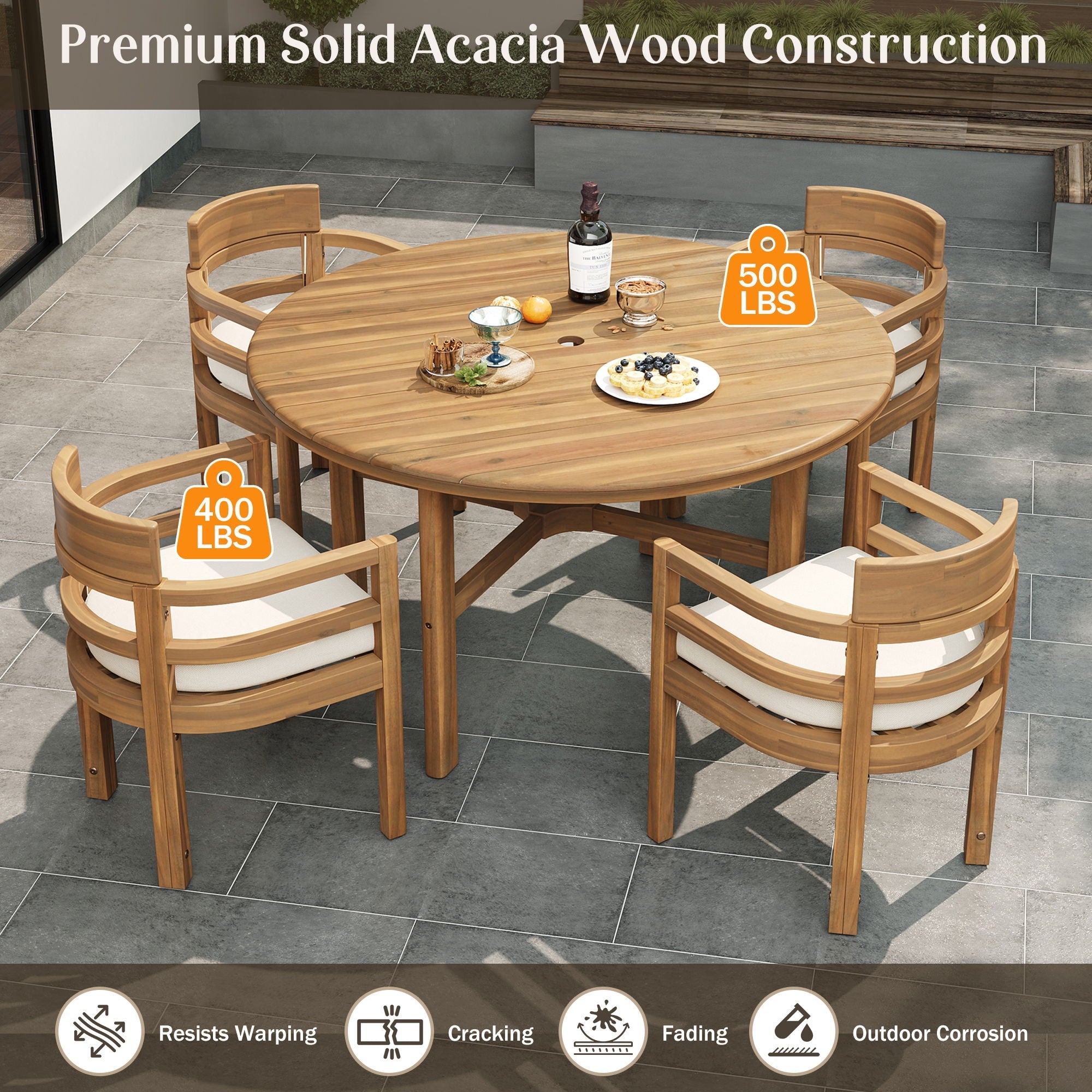 5 Piece Round Patio Table & Cushioned Armrest Chairs, Outdoor Dining Set With Umbrella Hole by HouseOfZazla