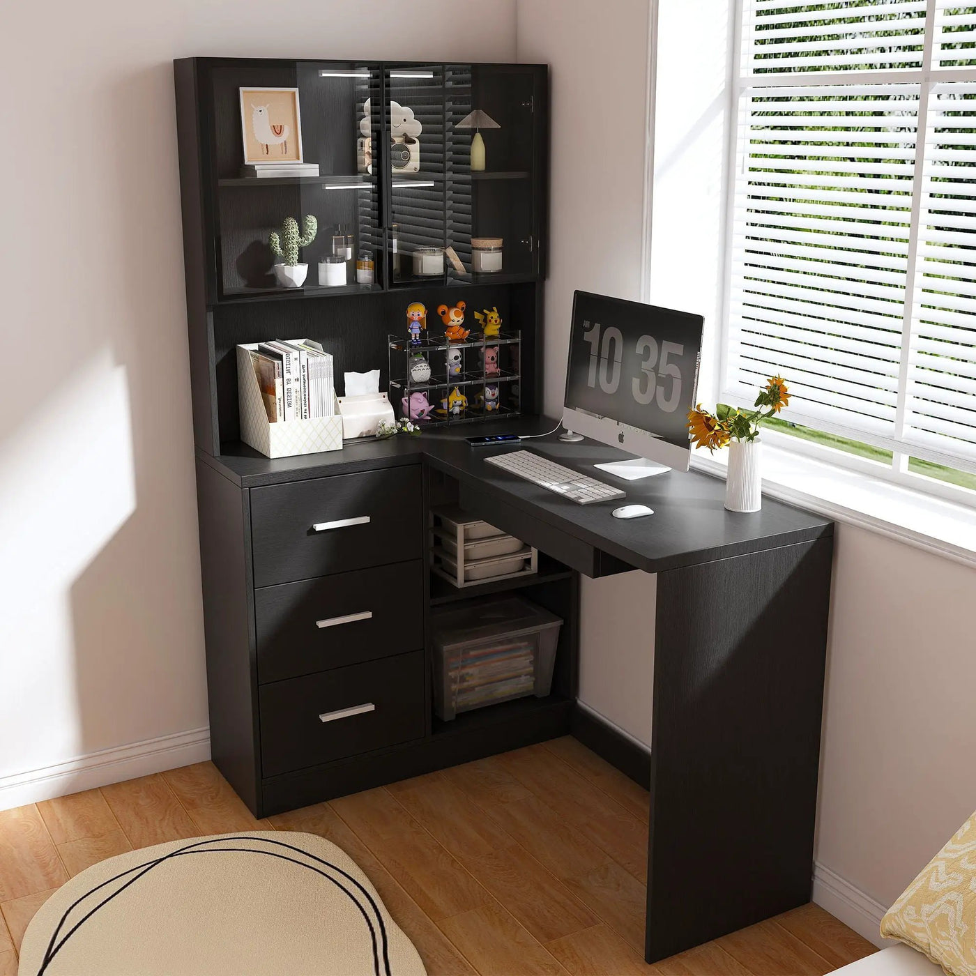 L-Shaped Computer Desk with Glass Cabinets, Built-In LED Lights, and USB Charging Ports by HouseOfZazla