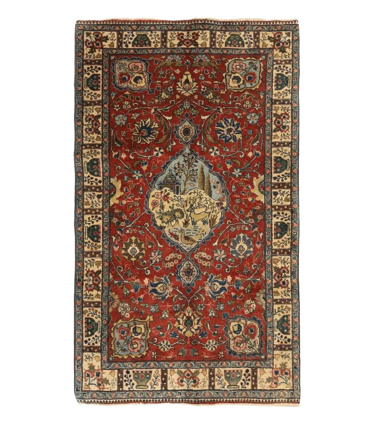 Small Persian Tabriz Rug 2.8 x 4.7, Red, Animal Pictorials, Semi Antique Vintage by Jewel Rugs