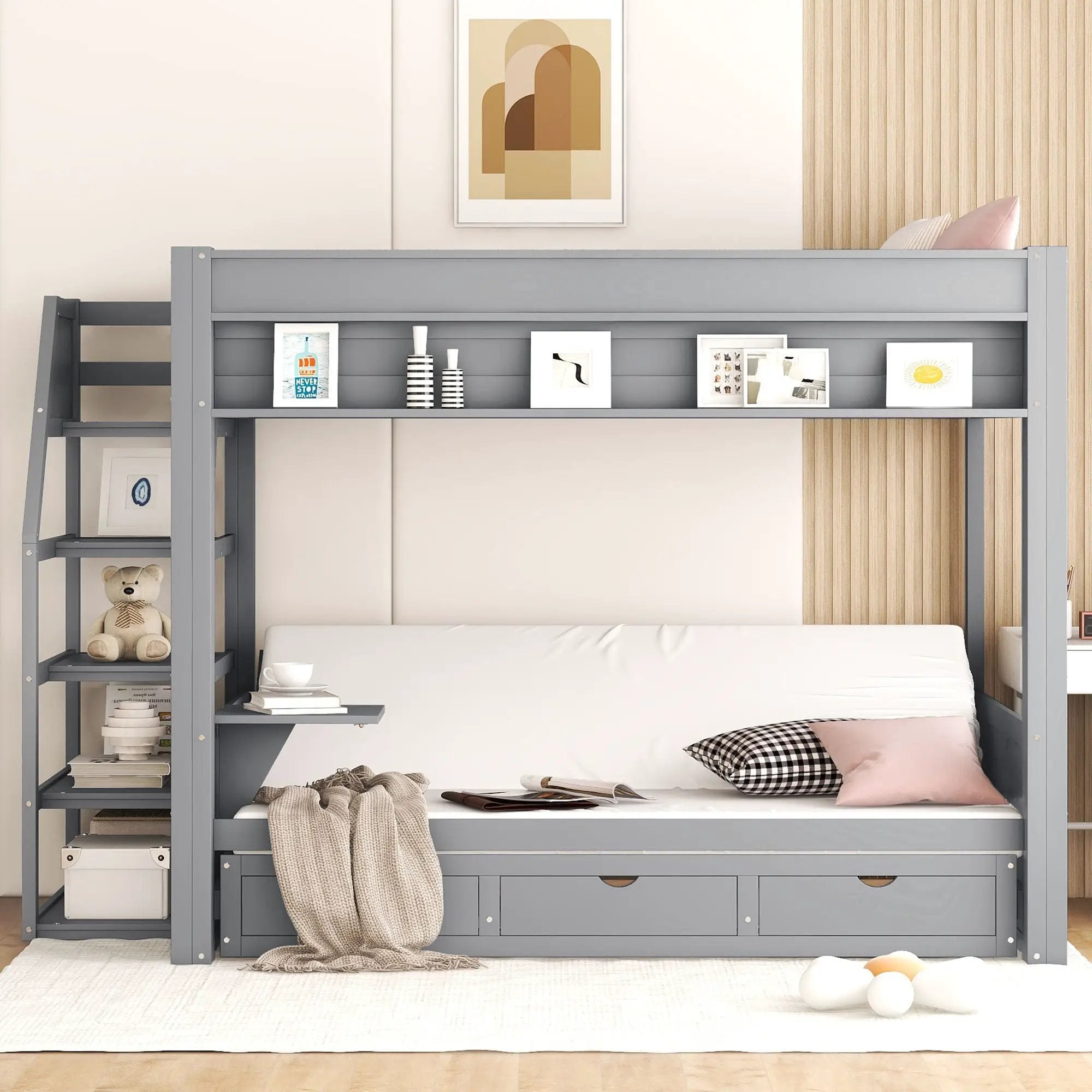Wood Full Size Convertible Bunk Bed With Storage Staircase, Bedside Table, And 3 Drawers - Gray by HouseOfZazla