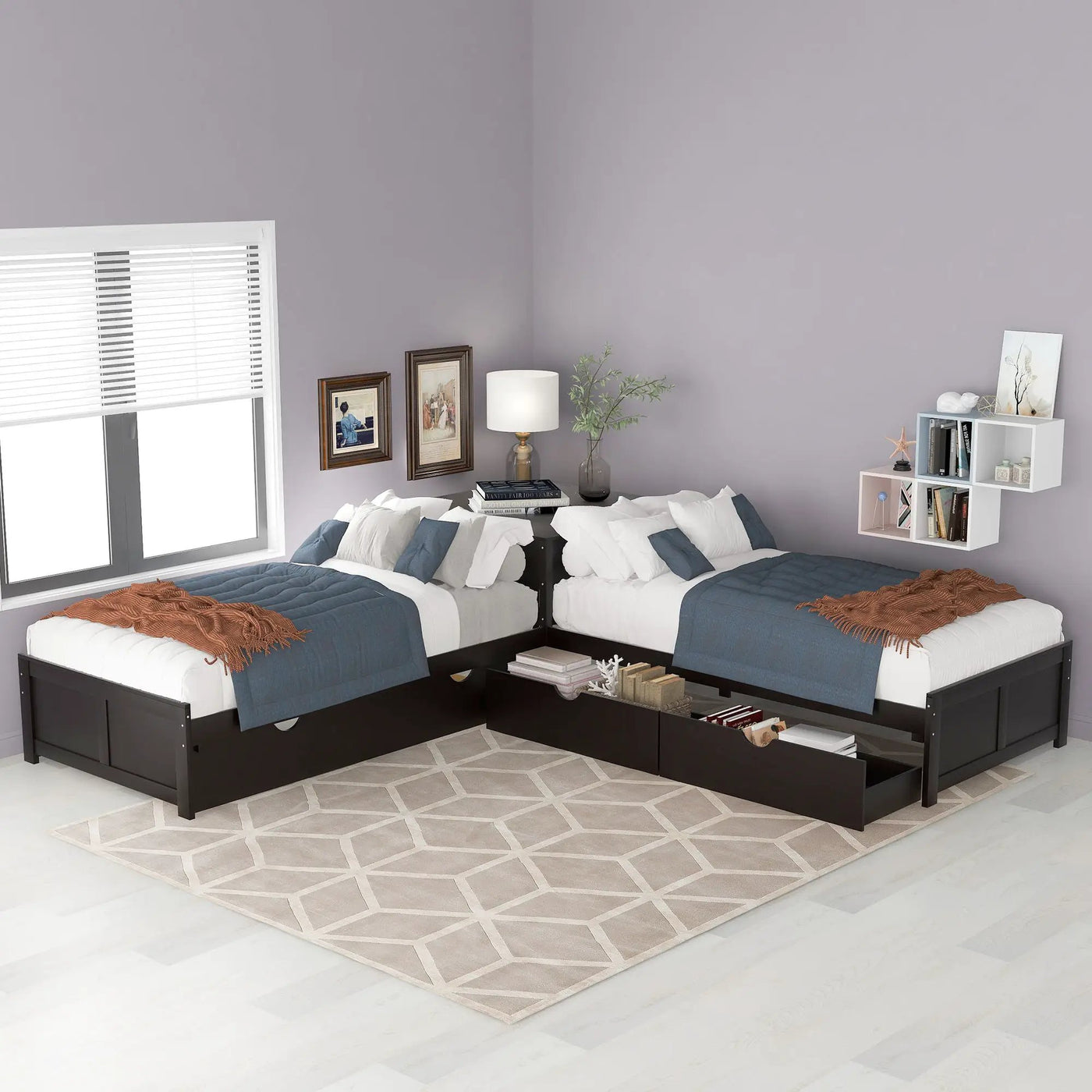 L Shaped Platform Bed With Trundle And Drawers Linked With Built In Desk by HouseOfZazla