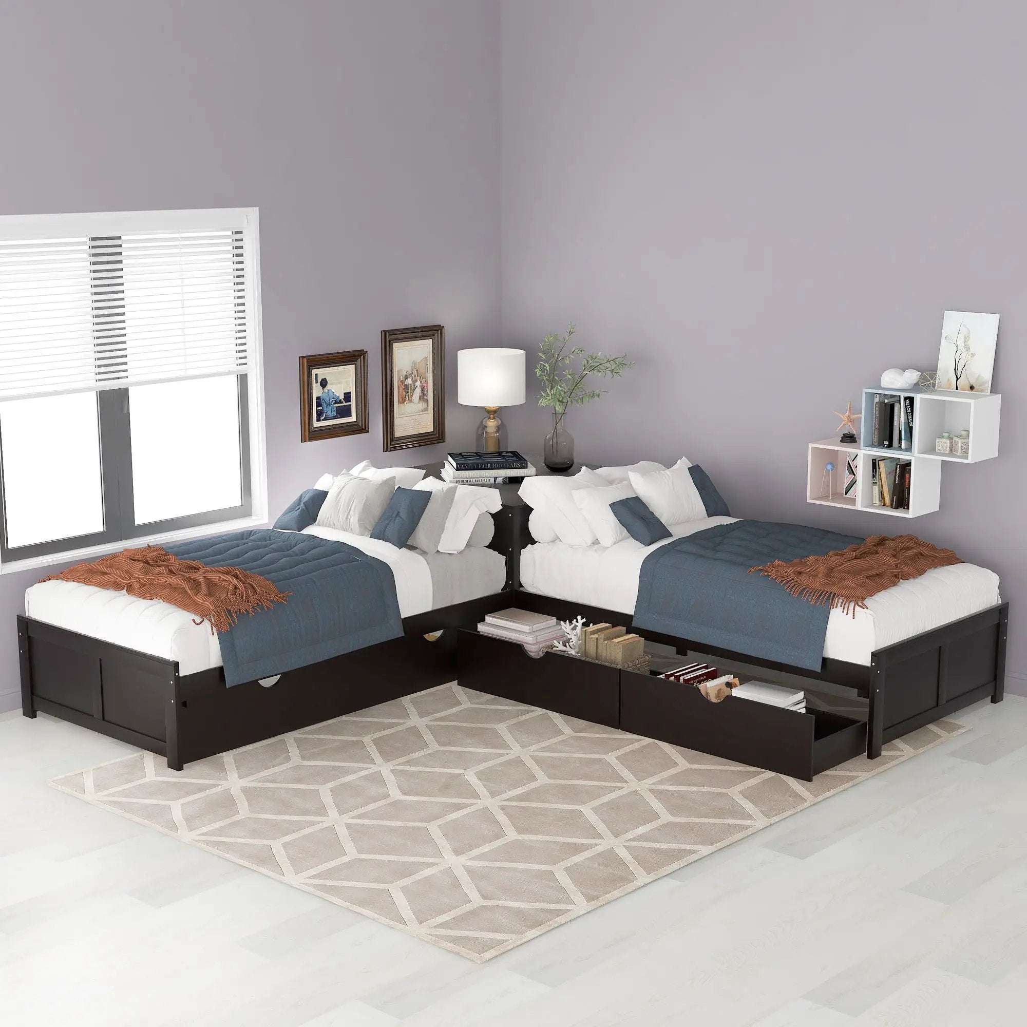 L Shaped Platform Bed With Trundle And Drawers Linked With Built In Desk by HouseOfZazla